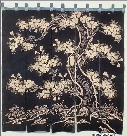 桜の木を描いた藍染の暖簾